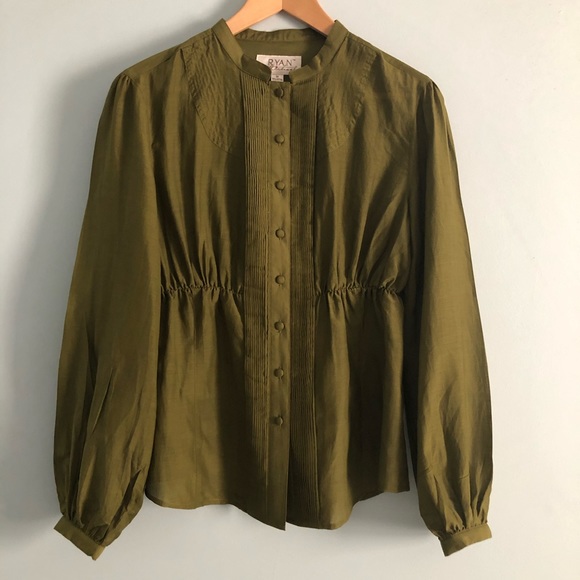Ryan Michael Tops - Ryan Michael Olive Green Cotton Silk Blend Shirt Blouse M NWT